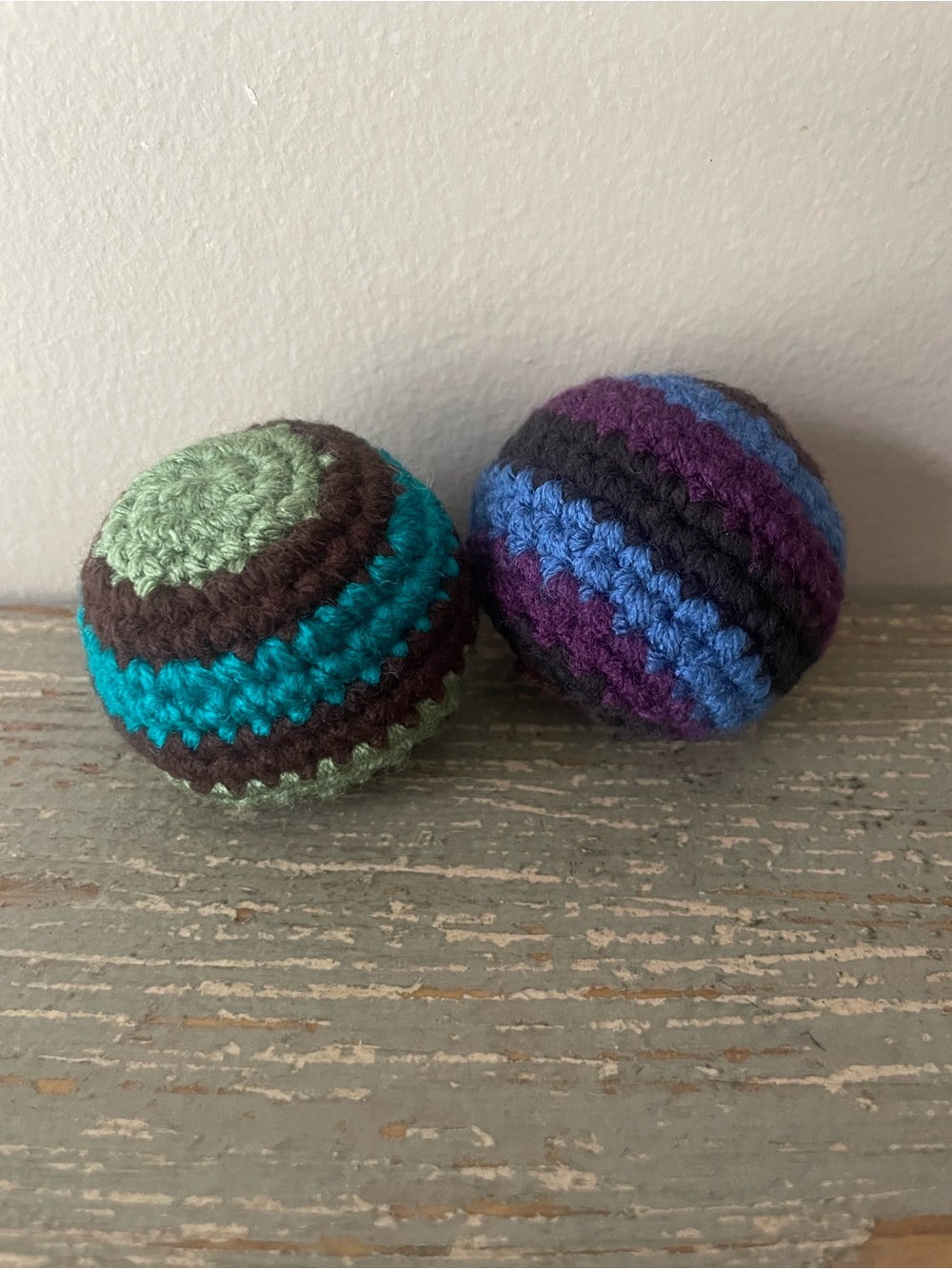 Hacky Sack Crocheted Juggling Balls - Green/Teal & Purple/Blue Stripes